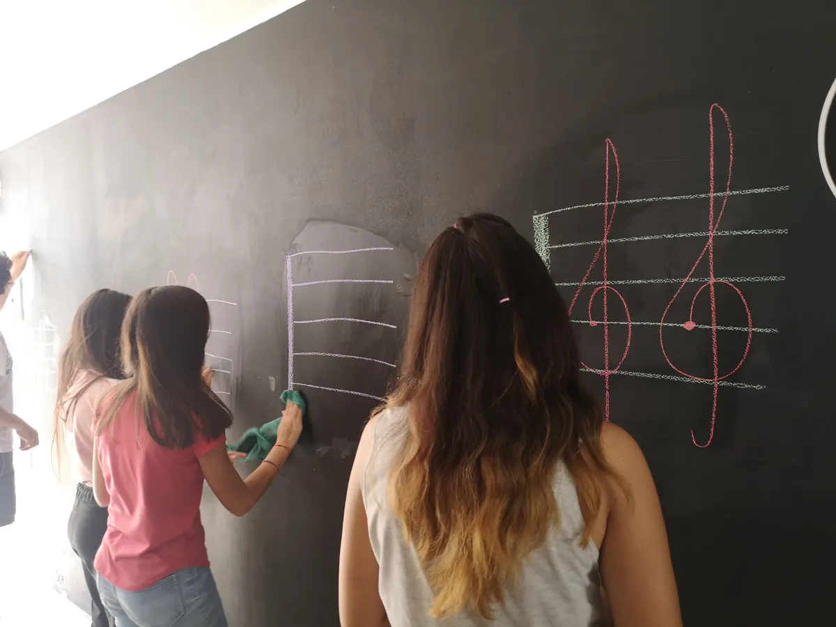 Alumnas escribiendo melodías en el pentagrama